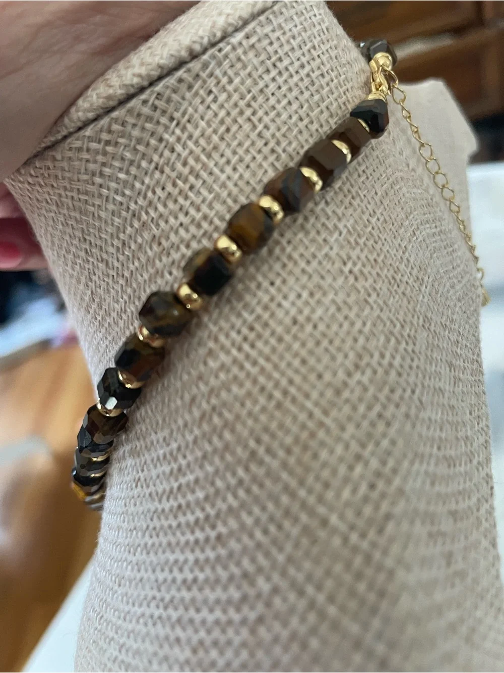 Tory Burch Brown Tiger Eye Beaded Necklace with Gold Cross Pendant